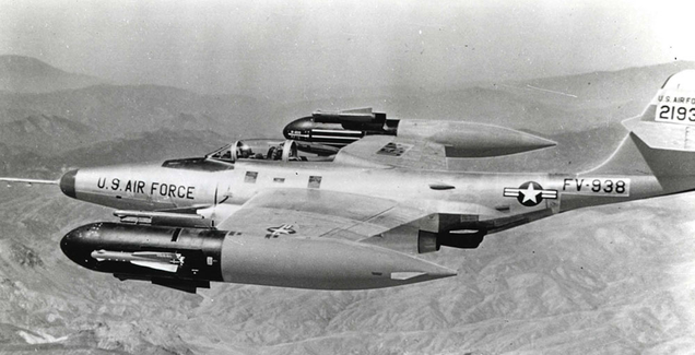 An F-89H Scorpion armed with Falcon air-to-air missiles mounted on the wingtip fuel tanks. (US Air Force)
